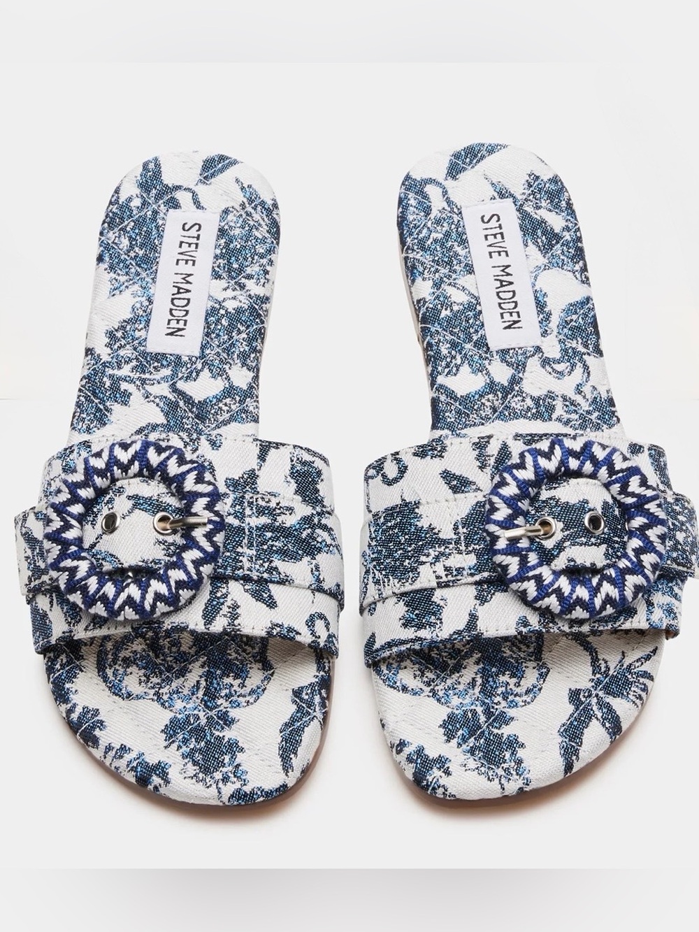 Steve Madden Merla Cottagecore Navy Toile Buckle Slide Sandals Sz 9
